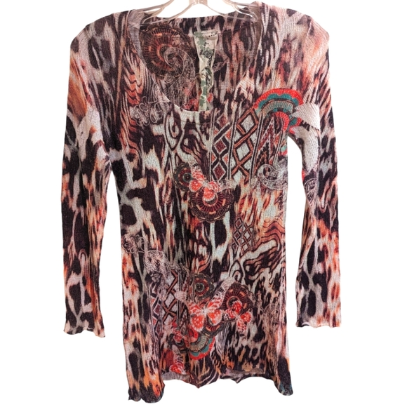 Code Vintage Tops - CODE VINTAGE Long Knit Sweater Multicolor Exotic Print Top BoHo Fall Style M